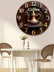 10/12 Inch Round Gold Coffee Pot Shaped Wall Clock | Wooden Material, Silent Quartz Movement, Battery Operated (AA Battery Not Included) - Suitable For Bedroom, Kitchen, Study, Garage - Multicolor - View 1