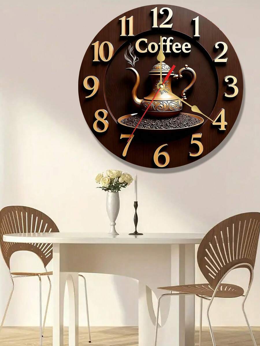 10/12 Inch Round Gold Coffee Pot Shaped Wall Clock | Wooden Material, Silent Quartz Movement, Battery Operated (AA Battery Not Included) - Suitable For Bedroom, Kitchen, Study, Garage - Multicolor - View 1