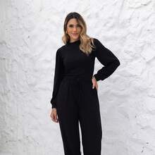 Women's Woolen Set - Pants And Turtleneck Top - Winter - Black - View 1