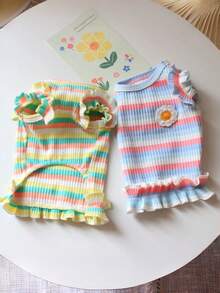 1 pieza Ropa de verano nueva para mascotas perros/gatos con rayas arcoíris, chaleco de estilo princesa de manga abullonada delgada, conjunto ligero y transpirable para cachorro/gatito en primavera/verano, vestido camiseta a rayas coloridas para Teddy/Poodle - Multicolor - Ver 6