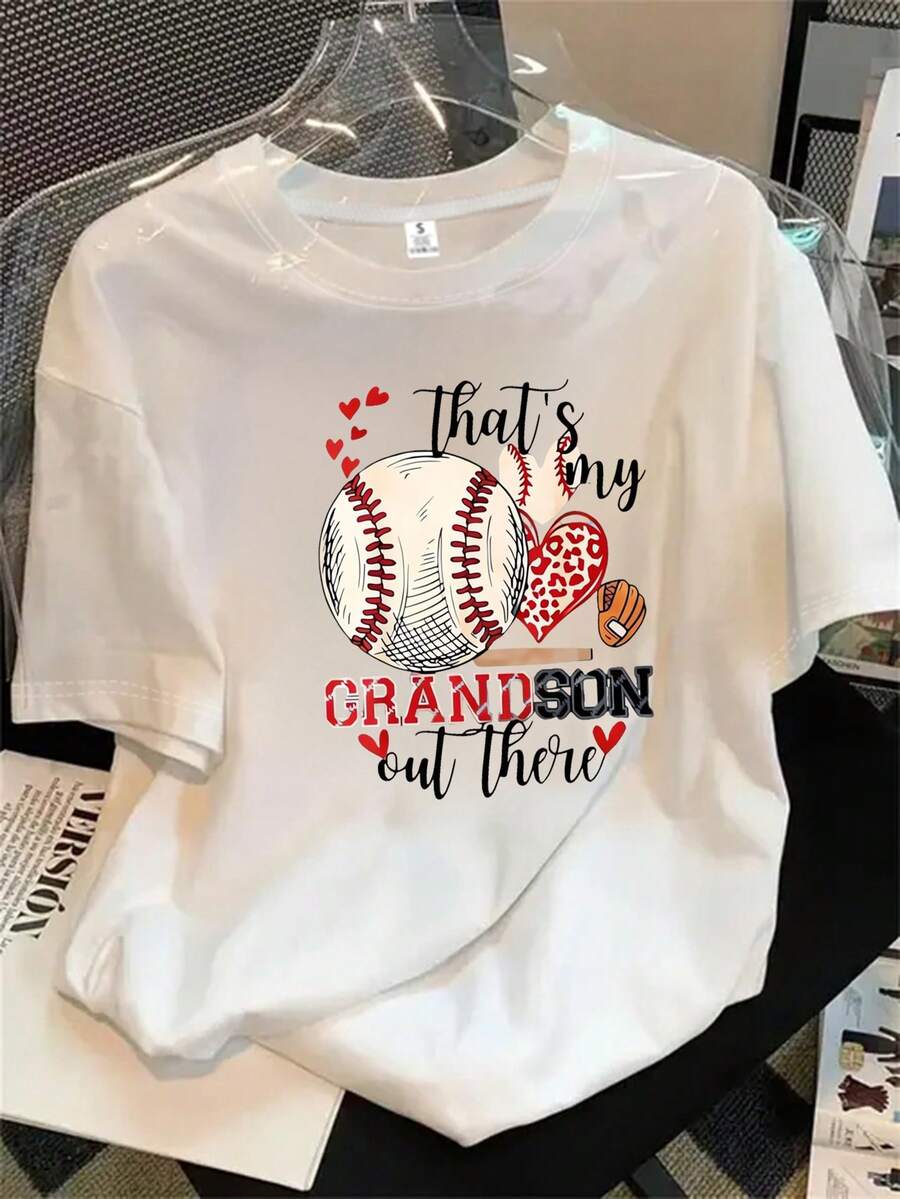 Camiseta de manga corta y cuello redondo para mujer con estampado de pelota y guante de béisbol, con el logotipo "Daxian", apta para todas las estaciones. - Blanco - Ver 1