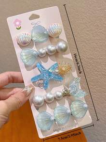5 Pieces Women's Blue Starfish Shell Mermaid Tail Hair Clips For Ocean Vacation Duckbill Clips - Faux Pearl Glitter Romance Hair Clips For Daily Use - Blue - View 2