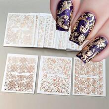 Adesivos de Arte de Unhas em Relevo Floral 3D Europeu, Decalques de Unhas com Design de Videira Floral em Renda Ouro Rosa Autoadesivos, Decoração Geométrica Assimétrica com Glitter, Decoração de Arte de Unhas Floral Primavera/Verão, Adequado para Mulheres e Meninas - Rosa ouro - Visão 3