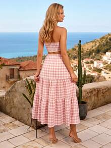Women's Pink Plaid Twist Back Bandeau Top And Multi-Layer Ruffle Hem Beach Vacation Party Long Skirt 2-Piece Set Wedding - Baby Pink - View 6