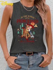 Disney Toy Story: Cuisi Cowboy Girls Desert Slogan Printed Round Neck Sleeveless Tank Top, Women's Rural  Disney Vacation Casual Top, Summer Dress, Summer Top, Women's Top, Festival Tank Top, Women's Summer Top, Independence Day, Festival Dress, Gifts For Family And Friends, Women's Spring Dress, Officially Authorized Disney T-Shirt, Disney Men's And Women's Spring/Summer Fashion Casual Short Sleeve T-Shirt - Màu xám đen - Xem 1