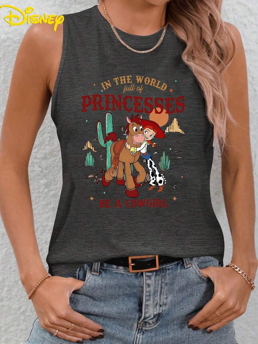 Disney Toy Story: Cuisi Cowboy Girls Desert Slogan Printed Round Neck Sleeveless Tank Top, Women's Rural Disney Vacation Casual Top, Summer Dress, Summer Top, Women's Top, Festival Tank Top, Women's Summer Top, Independence Day, Festival Dress, Gifts For Family And Friends, Women's Spring Dress, Officially Authorized Disney T-Shirt, Disney Men's And Women's Spring/Summer Fashion Casual Short Sleeve T-Shirt - Màu xám đen - Xem 1