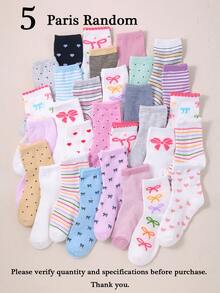 20 Pairs Girls Cute Bowknot Crew Socks, Sweet Balletcore Coquette Patterned Ankle Socks, Ribbed Knit Soft Casual Daily Socks Pack For Kids / Teens - Multicolor - View 21