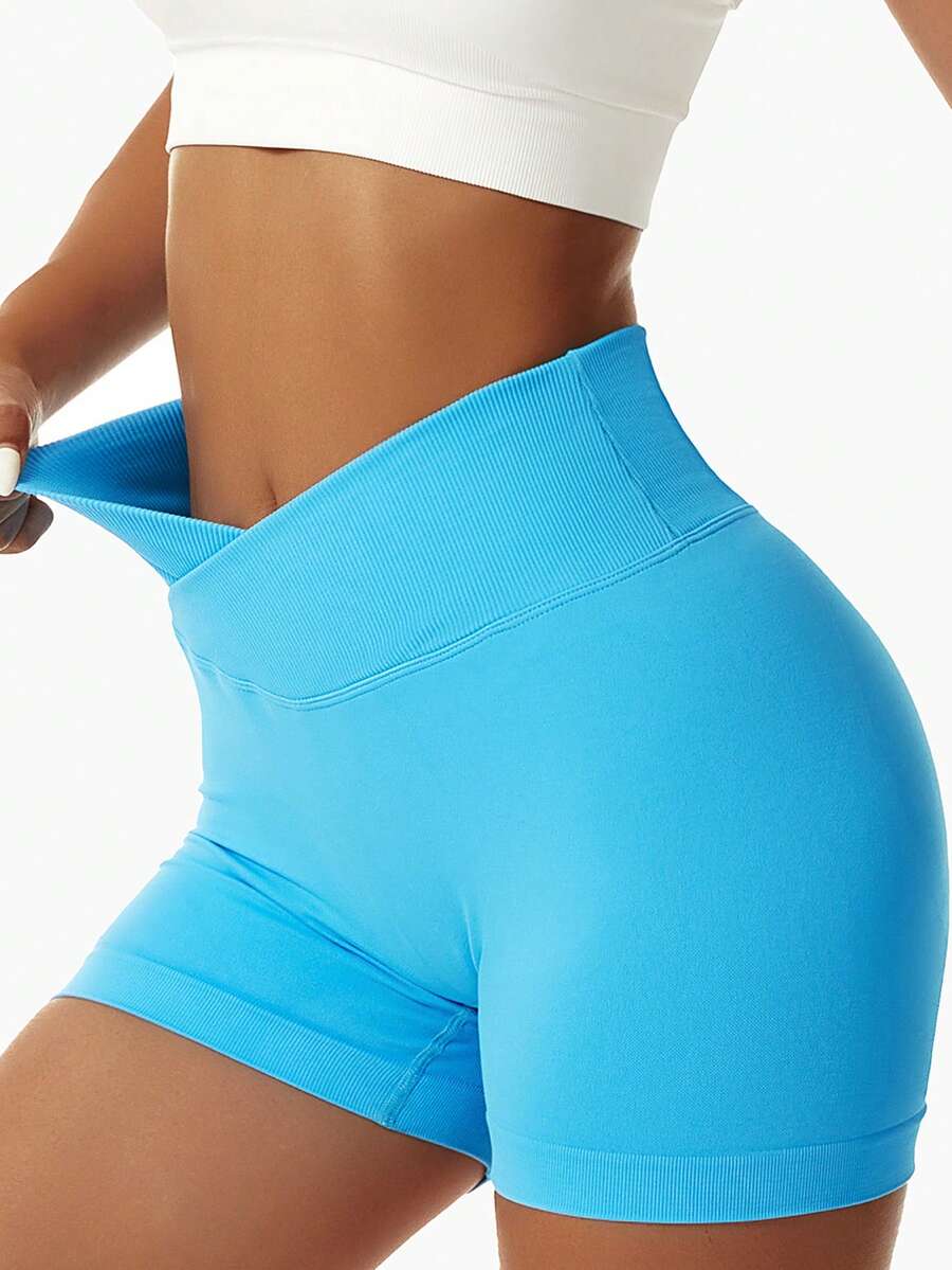 Women's Minimalist Solid Color Criss-Cross Waist Tight Sports Shorts Yoga