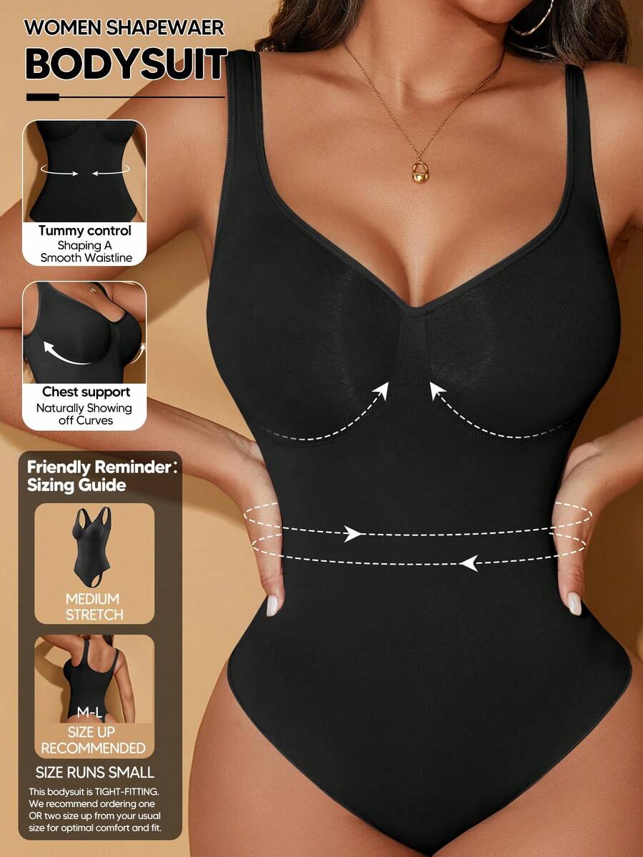 Bodysuit Pelangsing Pinggang dan Pengontrol Perut Wanita Warna Polos, Cocok untuk Dipakai Sebagai Lapisan dan Pakaian Pembentuk Tubuh, Warna Hitam Elegan untuk Musim Panas - Hitam - View 1