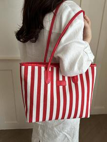 European And American Cross-Border Personalized Large Capacity Striped Minimalist Printed Tote Bag, New Women's Rhombus Commuter Shoulder Bag - Red - View 6