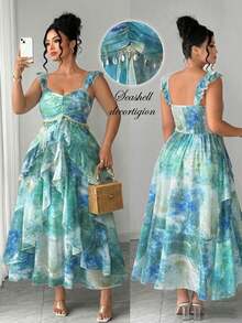 Vestido de verano elegante de talla grande con estampado de teñido anudado y volantes en el bajo - Verde - Ver 1