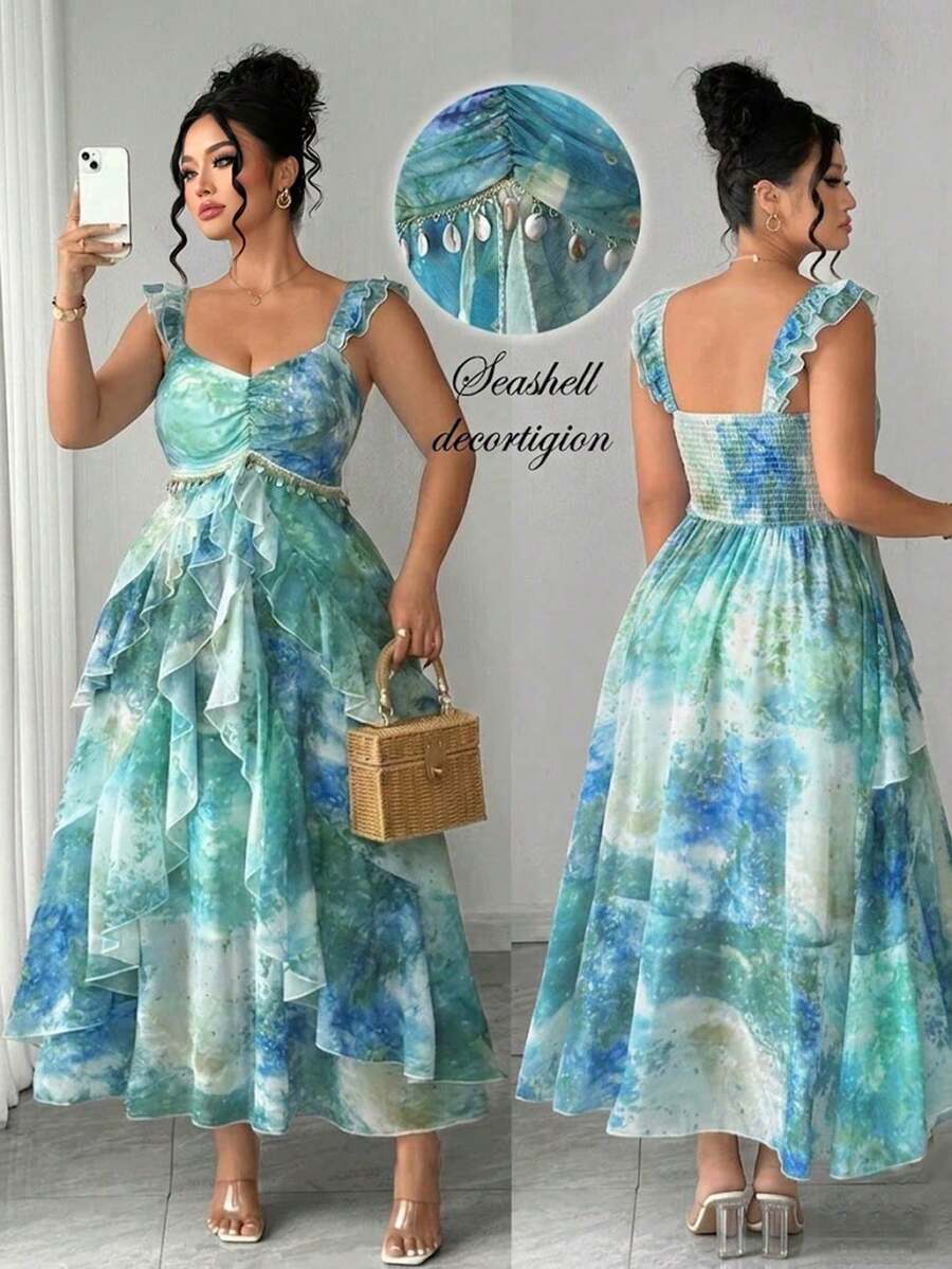 Vestido de verano elegante de talla grande con estampado de teñido anudado y volantes en el bajo - Verde - Ver 1