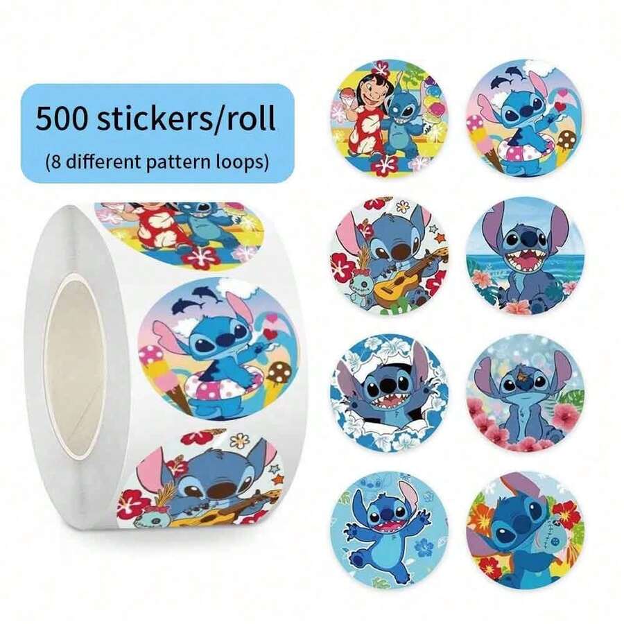Miniso 500 piezas Rollo de pegatinas con patrón de Stitch de Disney, impresión de alta definición, adhesivo fuerte, fácil de despegar, etiquetas decorativas para scrapbook, planificador, embalaje, recompensas escolares y manualidades DIY - Azul - Ver 1