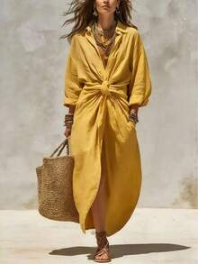 2026 Women's Solid Color Shirt Collar Single-Breasted Pocket Cardigan Long Sleeve Casual Dress - 卡其 - 查看 2