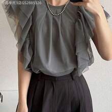Yunuo Menswear  Camiseta de moda de verano para mujer con cuello redondo, parches de malla en capas y holgada sin mangas - Gris Oscuro - Ver 9