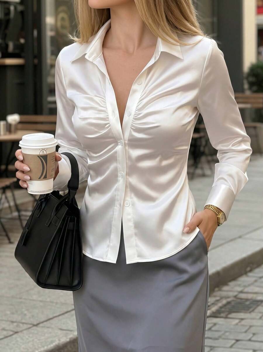 Elegaris 女士纯色缎面褶裥长袖衬衫,白色翻领衬衫,修身白色衬衫,优雅职业衬衫,教师制服,返校季服装,教师衬衫,秋季女装,四季皆宜,白色纽扣衬衫,春季商务休闲女衬衫 - 白色 - 查看 1