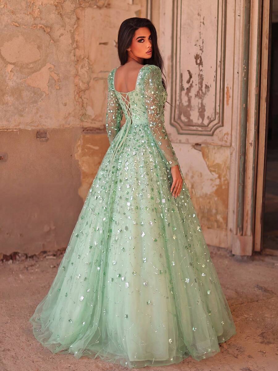 Faeriesty Long Sleeve Sequin & Beaded Embellished Formal Gown - Luxurious Layered Sheer Design And Alluring Shimmer Effect Vacation Wedding Party - Green - View 1