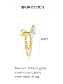 1pc Women's Tassel 925 Sterling Silver Earrings, Classic Ear Cartilage Studs, Suitable For Helix, Ear Rim, Ear Cartilage, Flat Back Design, Exquisite Jewelry For Daily Wear And Parties - Gold - View 6