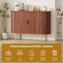 Aparador bajo moderno de 120 cm – Madera ranurada – Puertas correderas – Estantes ajustables – Consola de almacenamiento para salón, cocina, comedor o recibidor – Acabado en nogal - Marrón Chocolate - Ver 7