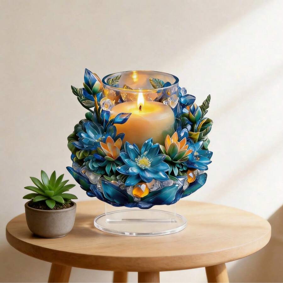 1pc Blue Lotus Candle 2D Flat Acrylic Decorative Ornament, Light Luxury Style Living Room Entryway Tabletop Creative Decor - A - View 1