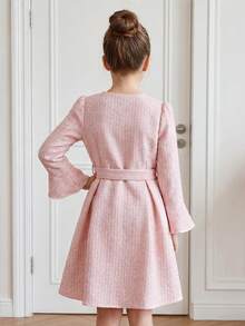 2pcs/Set Princess Dress For Girls 8-12 Years Old, Elegant Style, Pink Tweed + Black Bow On Chest + Pearl Button Front Closure + Detachable Waistband + Flared Sleeve Design + Princess Sleeve, Suitable For Daily Wear / Party - Pink - View 2