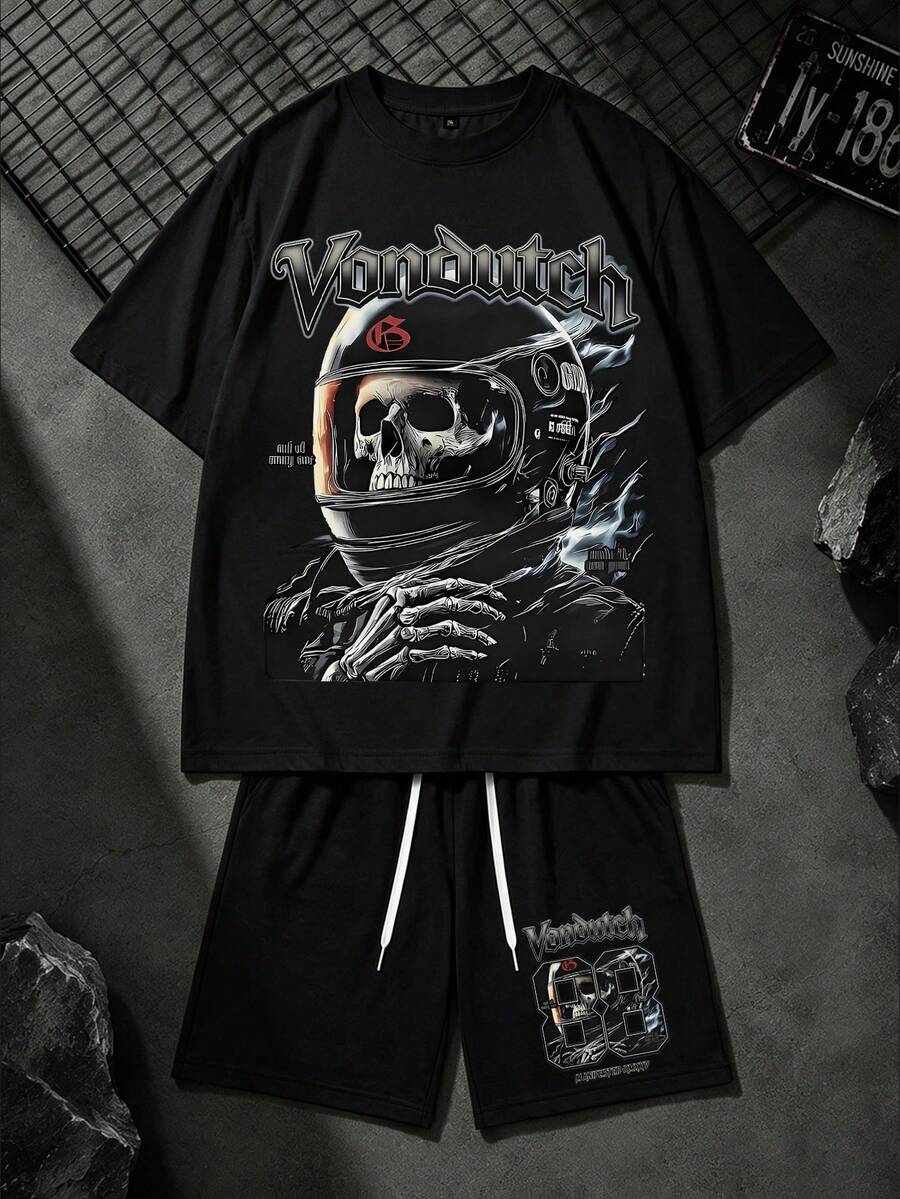 Men's 2-Piece Outfit, Y2K American Retro Hip Hop Style, Van Dutch Skull Biker Graphic Print Short Sleeve T-Shirt & Drawstring Shorts, Soft Premium Cotton Fabric, High-Quality Washable Casual Suit For Spring Summer Autumn Street Outdoor Festival Daily Wear - 黑色 - 查看 1