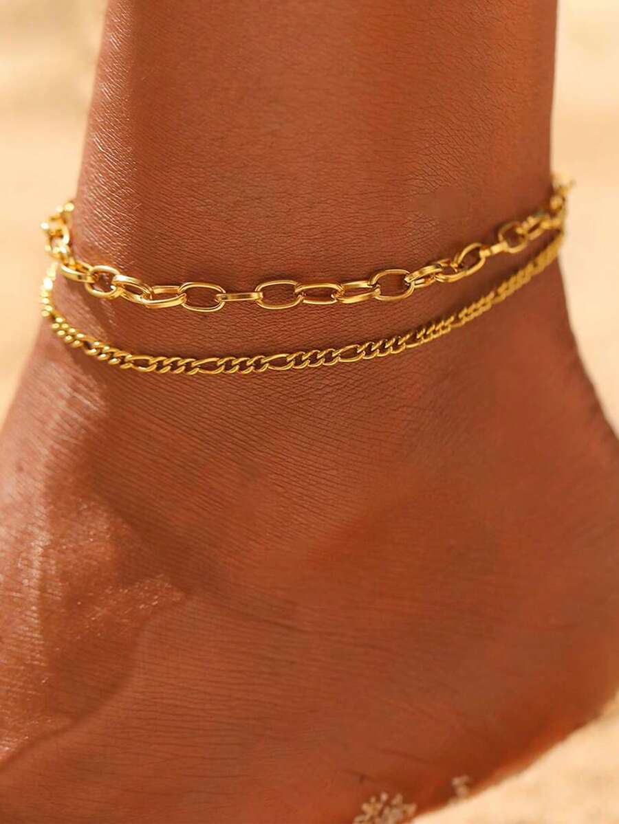1pc Minimalist Stainless Steel Chain Anklet For Vacation Beach - Yellow Gold - View 1