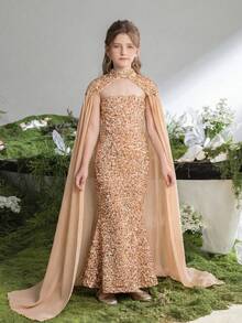 Váy dự tiệc tay áo choàng chiffon đính sequin cho bé gái tuổi mới lớn - Rượu sâm banh - Xem 6