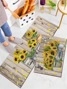 1pc Sunflower Kitchen Rug Mat, Rubber Material Kitchen Decor Sunflower Pattern, Farmhouse Style Anti-Fatigue Non-Slip Mat, Washable Standing Mat, Life Laugh Love Theme Kitchen Rug - Multicolor - View 2