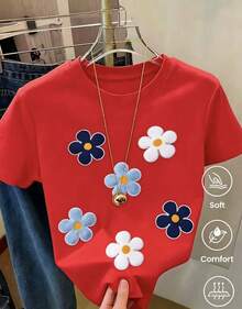 Short-Sleeved T-Shirt For Spring And Summer 2026, Made In Mexico. Cartoon Print, Couple Design, Suitable For Indoor Or Outdoor Wear. Crew Neck, Unisex, Ideal For Office And Leisure. One-Piece Pack. Unisex Cotton Loose-Fitting Short-Sleeved Crew Neck T-Shirt In An Urban Vintage Style. - 紅色 - 查看 7
