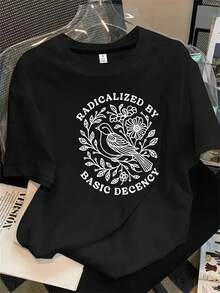 Jersey de mujer de manga corta y cuello redondo con estampado de árbol redondo en blanco y negro, apto para todas las estaciones. - Negro - Ver 1