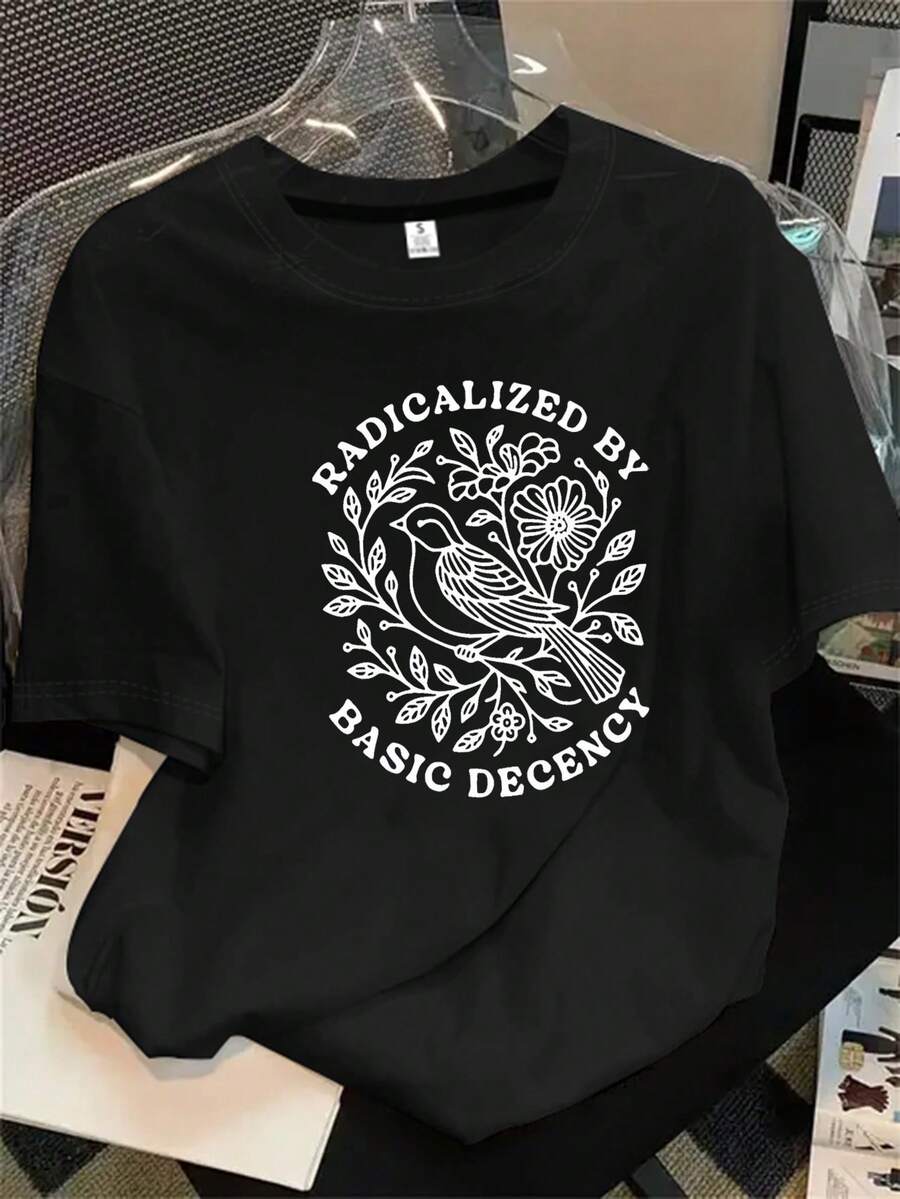 Jersey de mujer de manga corta y cuello redondo con estampado de árbol redondo en blanco y negro, apto para todas las estaciones. - Negro - Ver 1