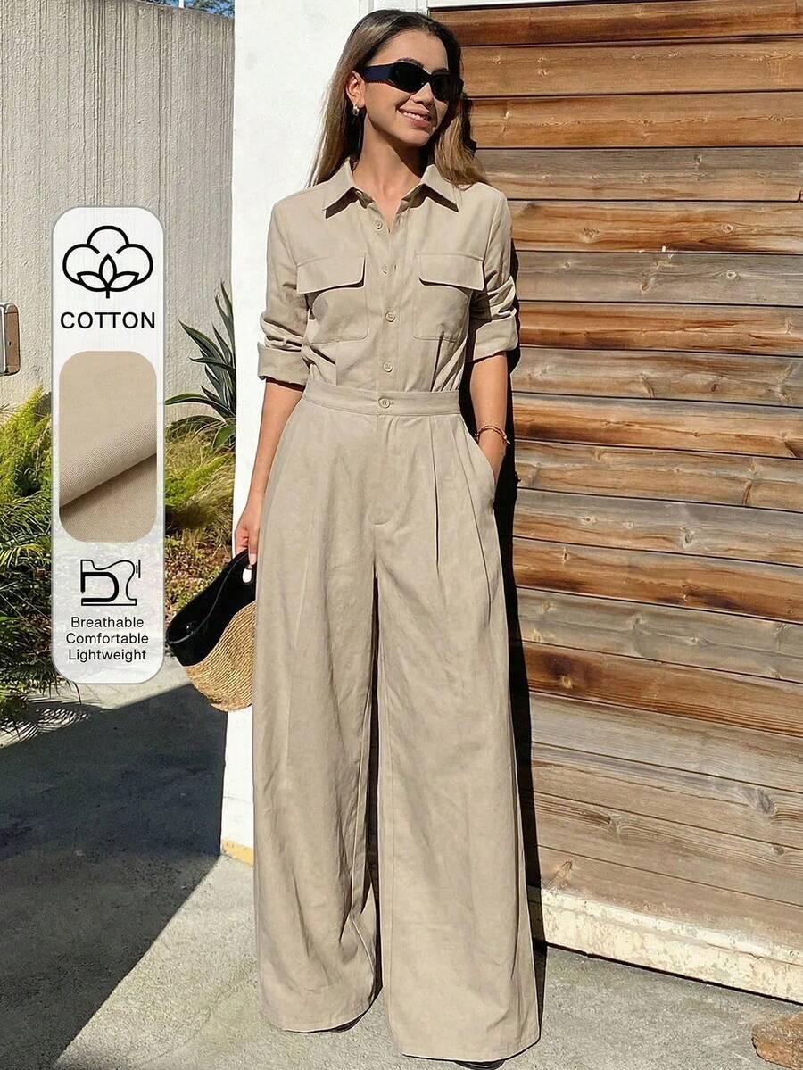 Mono informal y holgado para mujer con bolsillos grandes, color marrón, adecuado para la oficina, uso diario, mono de primavera/verano para mujer - Caqui - Ver 1