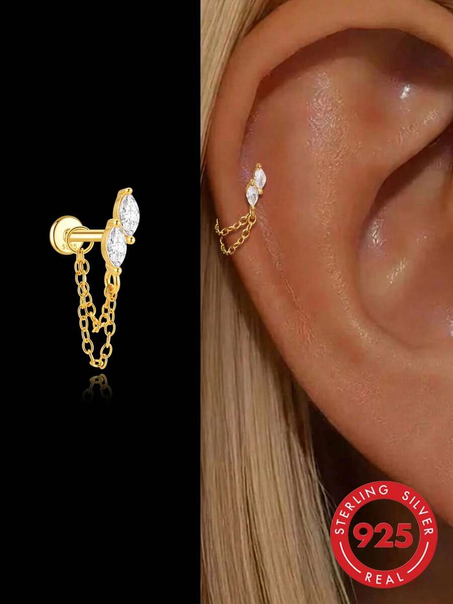 1pc Women's Tassel 925 Sterling Silver Earrings, Classic Ear Cartilage Studs, Suitable For Helix, Ear Rim, Ear Cartilage, Flat Back Design, Exquisite Jewelry For Daily Wear And Parties