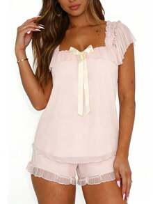 Women's Coquette Ruffle Trim Pajama Set Square Neck Short Sleeve Top And Shorts Loungewear With Bow Detail And Sheer Mesh For Summer Sleepwear Bridal Prep And Casual Homewear - 粉色 - 查看 10