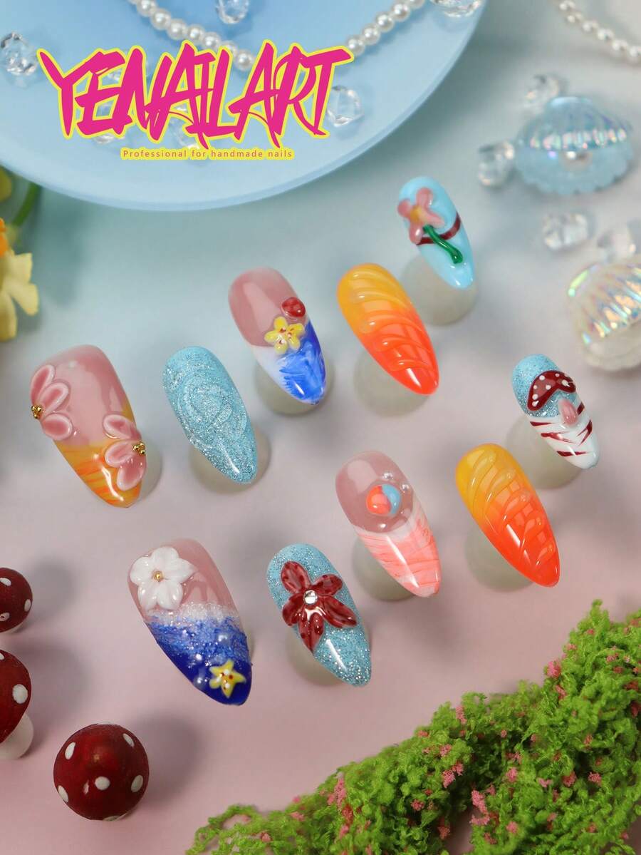 10片手工夏季仙女風杏仁形穿戴甲，多色3D花卉、蘑菇、海洋與日落藝術，亮片漸層設計，全覆蓋壓克力假指甲，適合海灘、度假、派對、日常佩戴與節日美甲用品