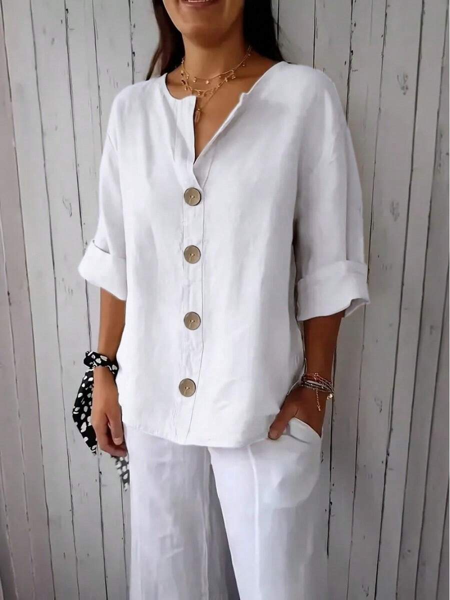 2026 Summer New Loose Short-Sleeve T-Shirt For Women, V-Neck Cotton-Linen Button Top - Milky - View 1
