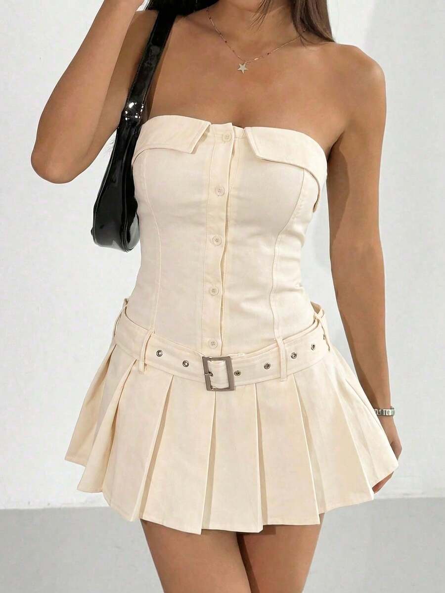 Vestido sencillo sin tirantes de unicolor, adecuado para el verano - Blanco - Ver 1