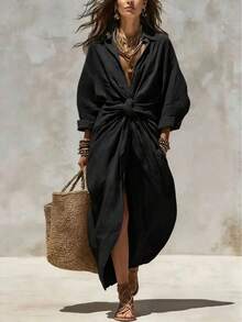 2026 Women's Solid Color Shirt Collar Single-Breasted Pocket Cardigan Long Sleeve Casual Dress - 卡其 - 查看 10
