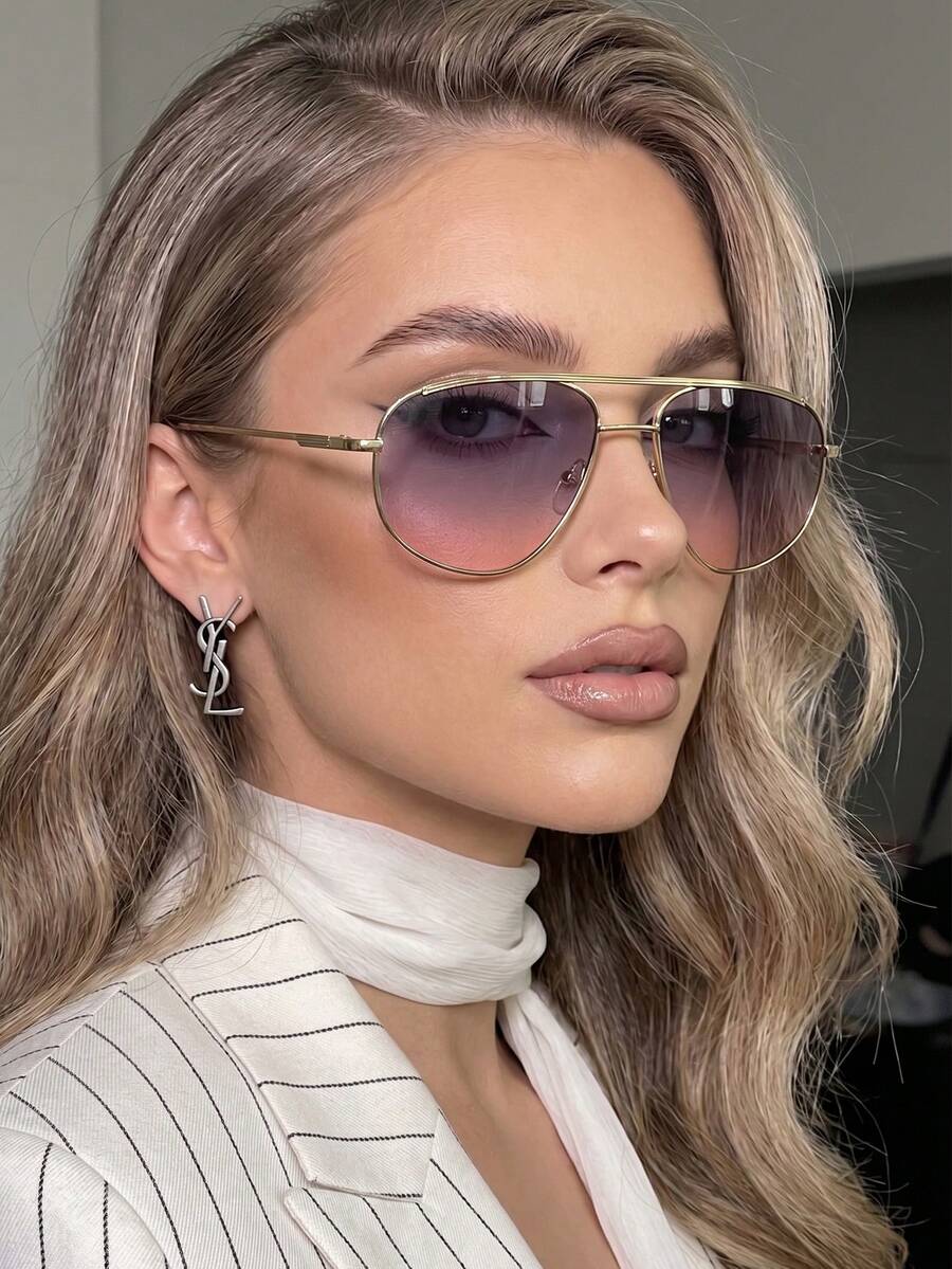 1 Pair Women's Gold Double Bridge Aviator Metal Frame Retro Fashion Glasses Suitable For Daily Wear - Gold - View 1
