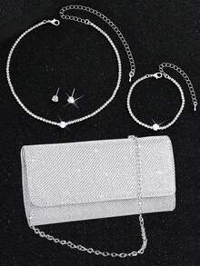 Conjunto de 4 piezas de bolso de noche versátil y minimalista para mujer, bolso de mano, bolso de hombro con cadena, collar con corazón de strass, pendientes y pulsera, bolso de joyería para banquetes - Plateado - Ver 7