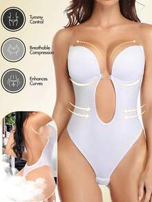 Backless Women Shapewear Bodysuit Built-In Bra U Plunge Tummy Control Slimming Body Shaper Thong Corset Lingerie Underwear Invisible Bras Sexy Deep V Push Up Under Wedding Dress - trắng - Xem 2