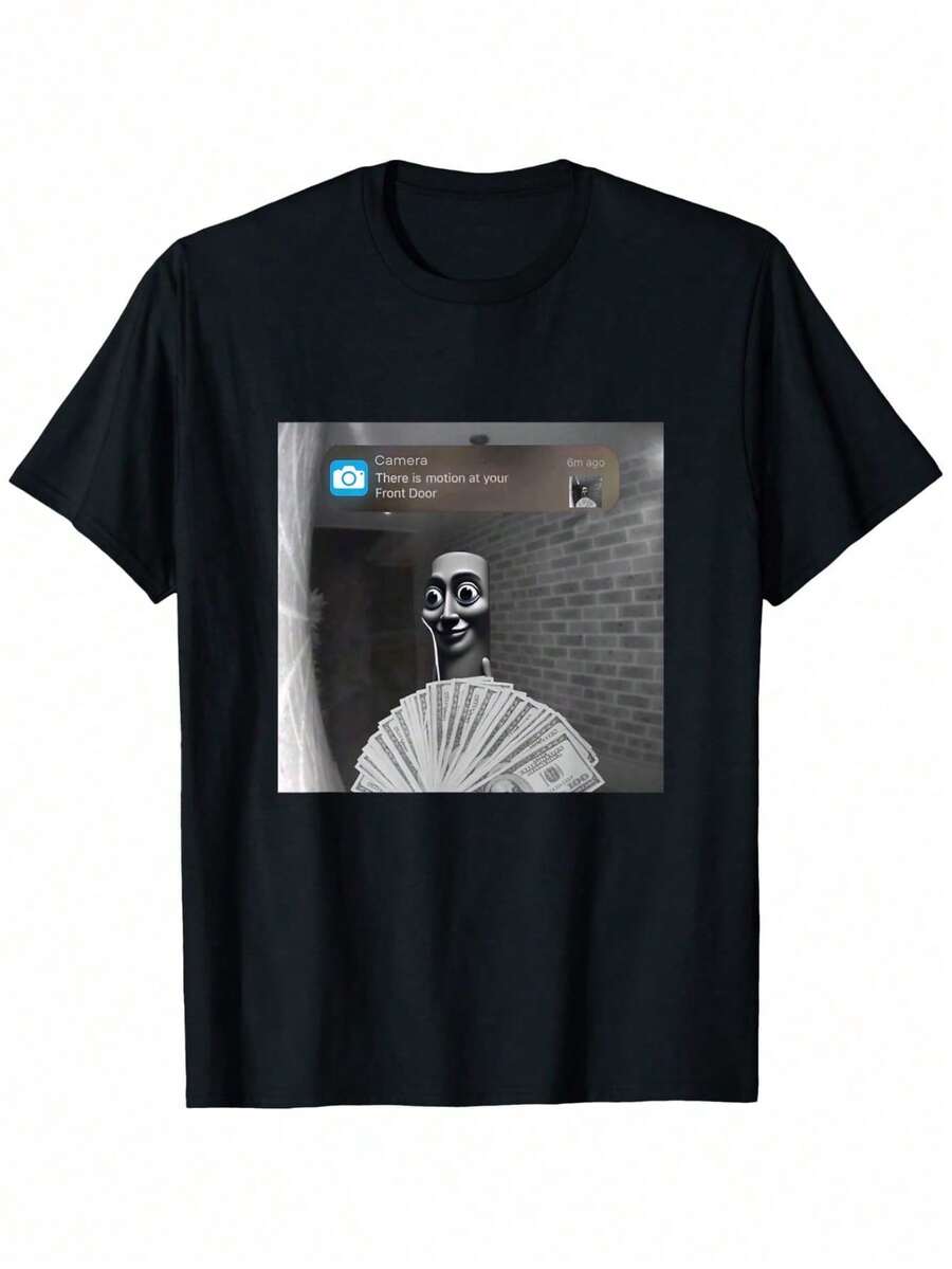 Camiseta/Playera Divertida con Gráfico del Meme "Tung Tung Tung Sahur Motion At Your Front Door" - Camiseta Negra de Corte Holgado Casual con Cuello Redondo y Diseño Humorístico de Dinero y - Blanco - Ver 1