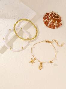 3pcs/Set Girls Pearl Beaded Starfish & Shell Pendant Bracelet Set, Suitable For Daily Decoration - Multicolor - View 8
