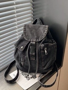 Vintage Washed Blue Canvas Drawstring Backpack, Niche Casual Style Flap Cover Backpack, Daily Commute Student Leisure Small Backpack, Relaxed Drawstring Flap Design, Casual Versatile Multi-Pocket Backpack, School Style Middle/High/College Student Backpack, Lightweight Travel Canvas Bag - Multicolor - View 14