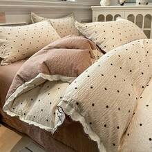 4-Piece Ruffled Duvet Cover Set, Soft And Comfortable Bedroom Bedding, Ruffled Design With Cute Floral And Cartoon Animal Patterns, Breathable And Soft All-Season Bedding Set, Includes 1 Duvet Cover, 1 Bed Sheet, 1 Or 2 Pillowcases, No Filling, Suitable For Bedroom, Dorm, Home Use, Multiple Size Options - Maroon - View 4