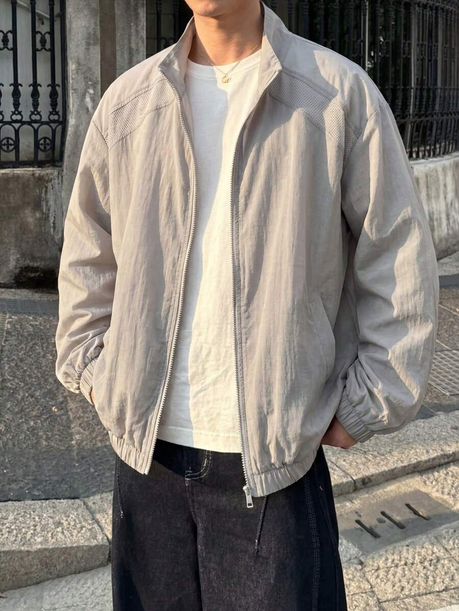 1pc Men's Jacket, Light Gray Mesh Splice Stand Collar Zipper Jacket, Woven Fabric Comfortable, Non-Pilling, Non-Stuffy, American Casual Outdoor Functional Style, Suitable For Daily Commute, Spring And Autumn Outfits, Outdoor Activities - Light Grey - View 1