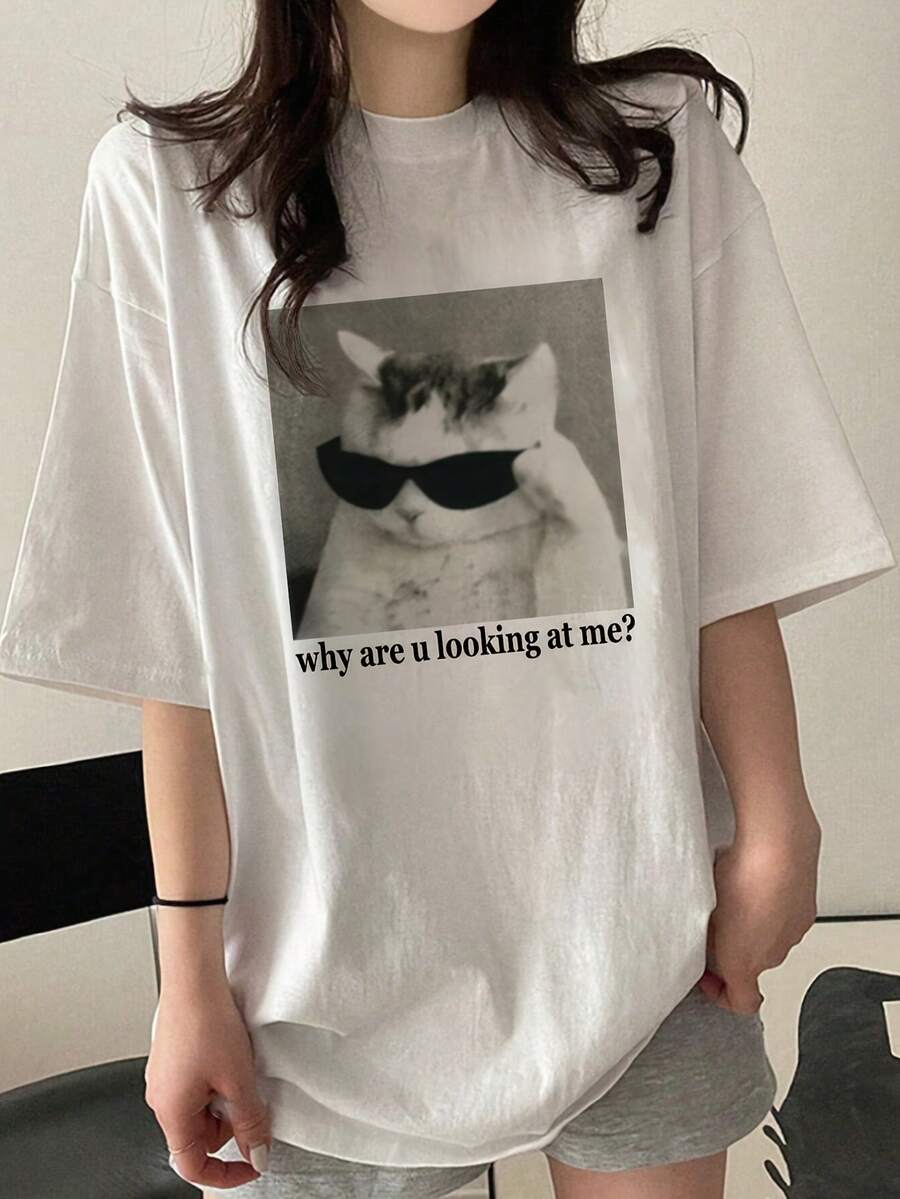 Women's White T-Shirt, 100% Cotton, Breathable Fabric, Playful Design. Perfect For Casual Wear - 白色 - 查看 1