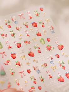 1pc 5D Pearl Kawaii Rabbit Strawberry Nail Art Stickers Exquisite Cartoon Rabbit Strawberry Flower Flower Adhesive Manicure Decorations Decal Accessories DIY - Multicolor - View 6