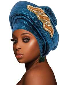 1pc African Gele Style Turban, Shiny Velvet Rhinestone Embellished Head Wrap Cap - F - View 17